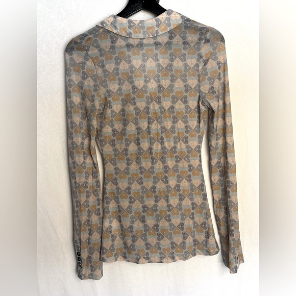 Free People Mesh Rouched Long Sleeve Button Down Blouse Top Heart Print XS - Picture 3 of 7